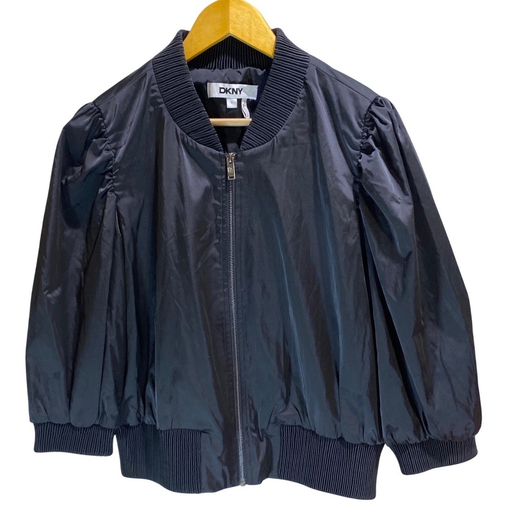 DKNY Womens Black Puff Shoulder Bomber Jacket Full Zip Ribbed Trim Size L Chic